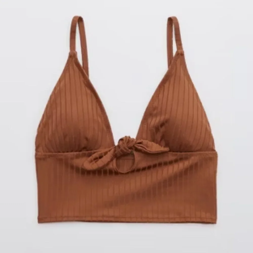 Aerie Ribbed Shine Longline Tie Front Triangle Bikini Top Size XXL - Picture 1 of 9